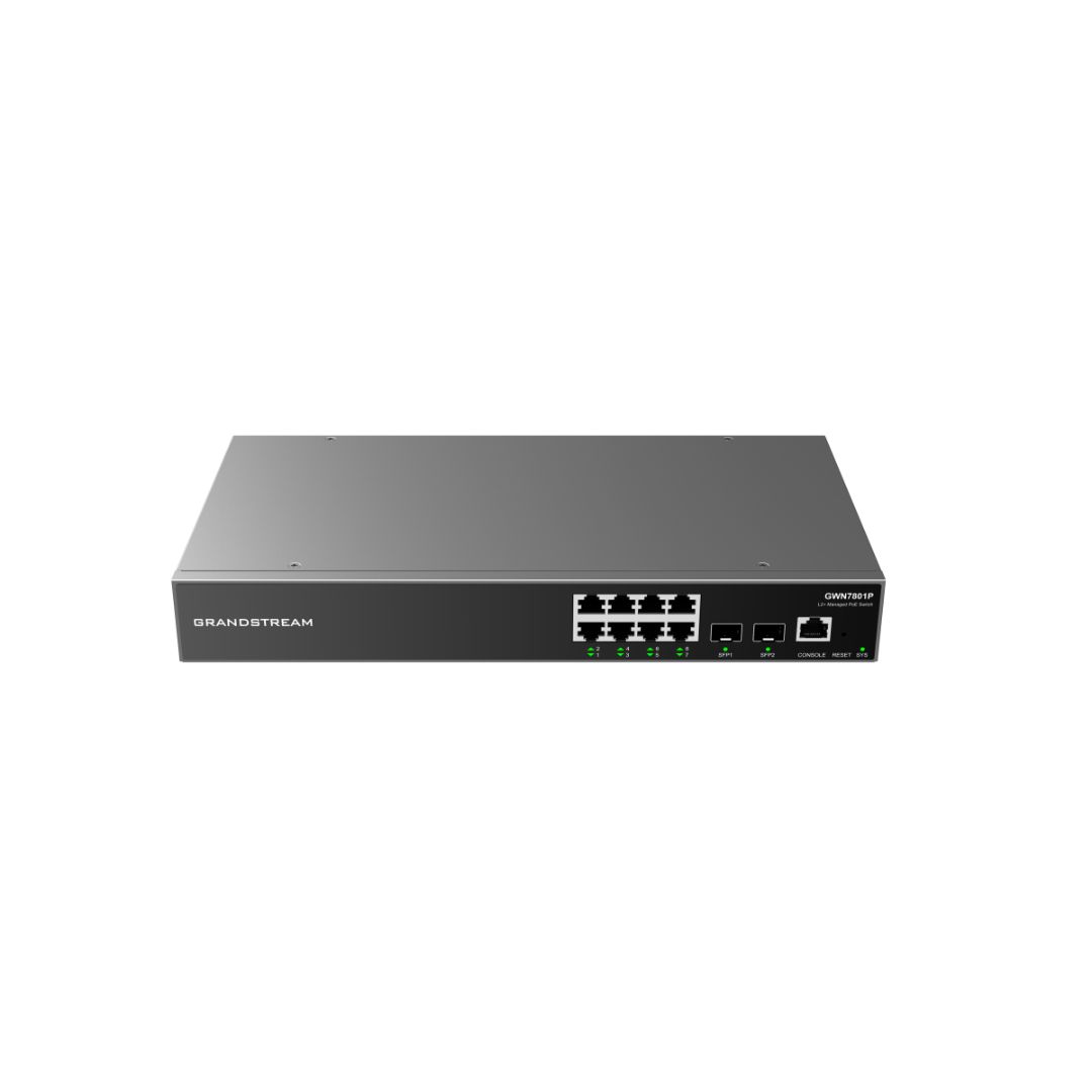 GRANDSTREAM SWITCH POE+ GIGABIT ADMINISTRABLE 8 PUERTOS POE GIGABIT + 2 PUERTOS SFP UPLINK, HASTA 120W, COMPATIBLE CON GWN CLOUD GWN7801P
