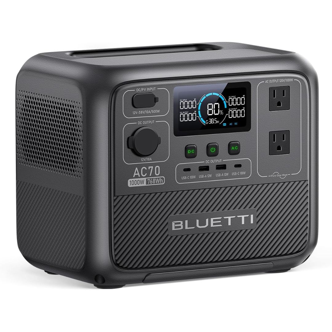 BLUETTI AC70P ESTACIÓN DE CARGA PORTÁTIL, GENERADOR SOLAR DE 768 WH CON 2 SALIDAS DE CA DE 1000 W (ELEVACIÓN DE POTENCIA DE 2000 W), 100 W TIPO C AC70P
